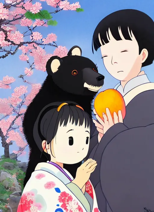 Image similar to a girl wearing a kimono gives a peach to a large anthropomorphic asian black bear, featured in artstation and artgerm and fantia and pixiv, award winning, cinematic, elegant, intricate, 8 k, in the style of hayao miyazaki and masashi ando and timothy kong and laia lopez and viorie,