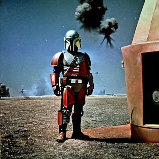 Prompt: mandalorian with atomic bomb explosion behind him, vintage color photo