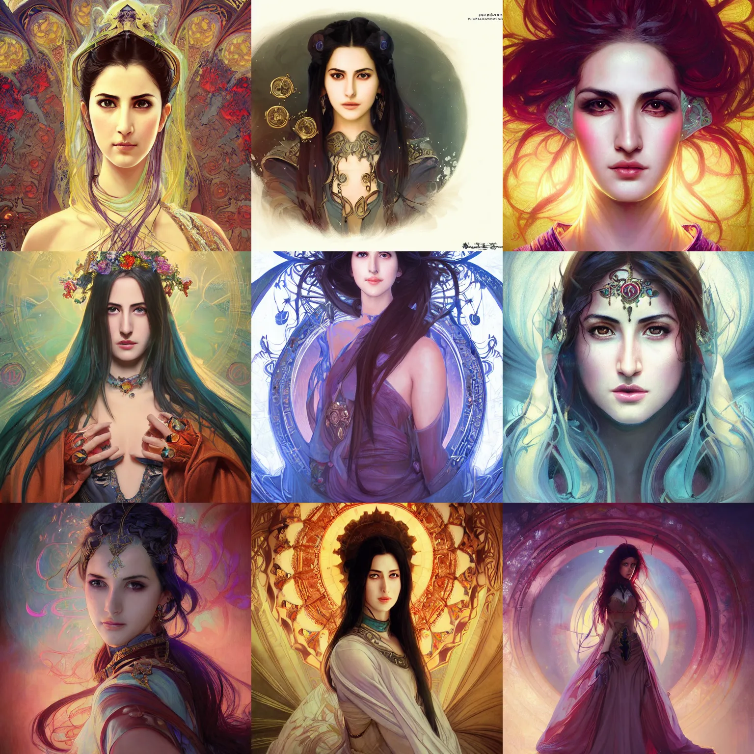 Prompt: masterpiece head-on symmetrical centered painted portrait, Katrina Kaif as D&D Mage, wearing wizard robes, elegant, in the style of ROSSDRAWS and Ruan Jia and Ross Tran and Alphonse Mucha and Ayami Kojima and Charlie Bowater and Karol Bak and Jean Delville, pixar, maya engine, splash comics, global illumination lighting, rich bright colours