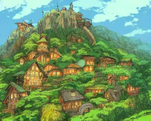 Image similar to mountain overseeing fantasy village next to a forest, studio ghibli style, hayao miyazaki, award winning photograph, highly detailed, artstation