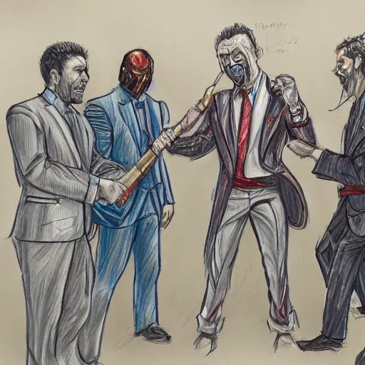 Image similar to highly detailed realistic sketch of UN members in suits yelling at a cyborg samurai, fear and anger in their eyes, colored , award winning , masterpiece on a scroll , post-processing