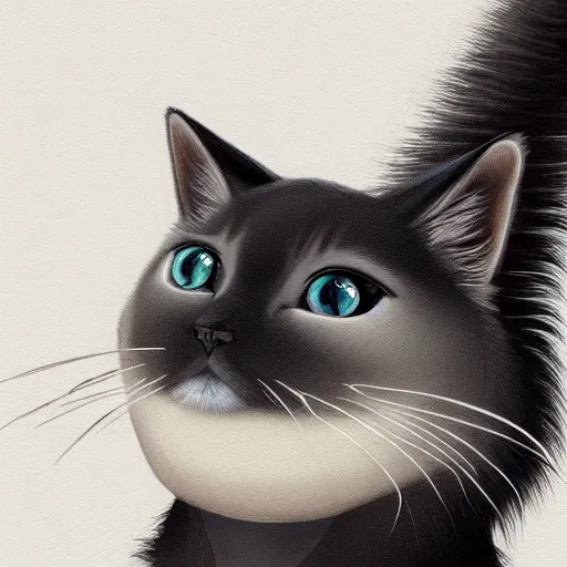 Image similar to beautiful dark grey cat with white belly, white paws and white face markings with long fur and fluffy tail sitting, intricate, elegant, highly detailed, digital painting, artstation, concept art, matte,