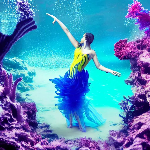 Image similar to woman dancing underwater wearing a flowing dress made of blue, magenta, and yellow seaweed, delicate coral sea bottom, swirling silver fish, swirling smoke shapes, octane render, caustics lighting from above, cinematic, hyperdetailed