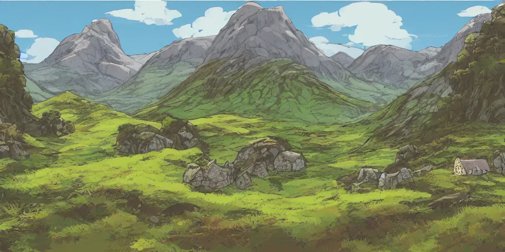 Prompt: Landscape illustration of the Scottish Highlands in the style of Studio Ghibli