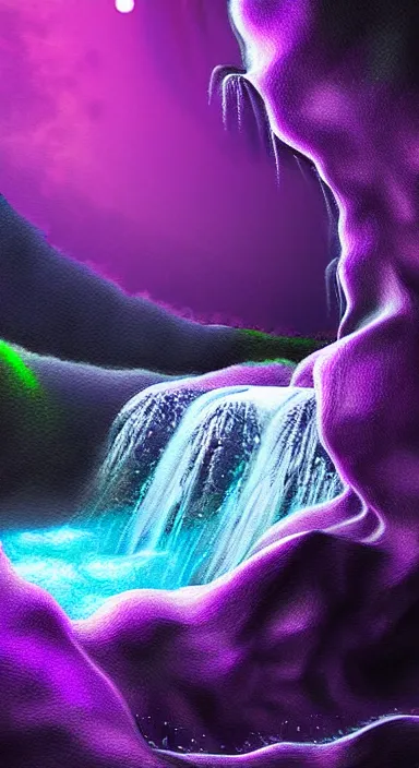 Image similar to purple planet with waterfall pixel artwork, digital art, award winning