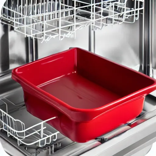 Prompt: cast iron skillet pan loaded into dishwasher rack, anger, red