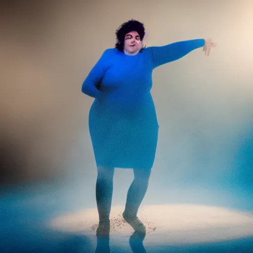 Image similar to photo of a woman emerging an endless pool of gravy in a blue fog. Motion blur.