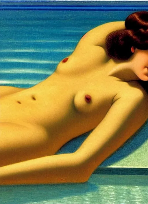 Prompt: portrait of a girl, in retro swimsuit, lying by the pool, minimalist oil painting by john godward, flat colors, beautiful lightning, sharp