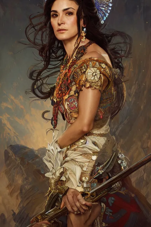 Image similar to Ana de la Reguera portrait, Aztec fantasy, elegant, intricate, by Stanley Artgerm Lau, greg rutkowski, thomas kindkade, alphonse mucha, loish, norman Rockwell