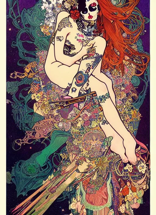 Image similar to cute punk goth fashion fractal Día de los Muertos tattooed astronaut girl posing, psychedelic poster art of by Victor Moscoso Rick Griffin Alphonse Mucha Gustav Klimt Ayami Kojima Amano Charlie Bowater, masterpiece