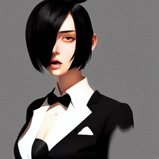 Image similar to slim girl in tuxedo with short black hair, elegant, 2d, ultra highly detailed, digital painting, smooth, sharp focus, artstation, art by Ilya Kuvshinov