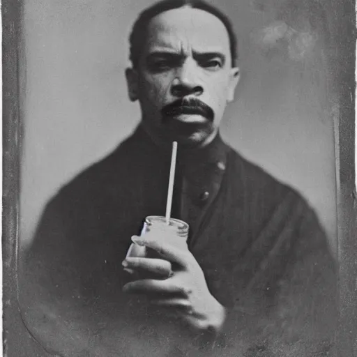 Image similar to tintype photo of ice - t, drinking iced tea with a straw, by julia margaret cameron 1 8 8 0 s, realistic, body shot, sharp focus, 8 k high definition, insanely detailed, intricate, elegant