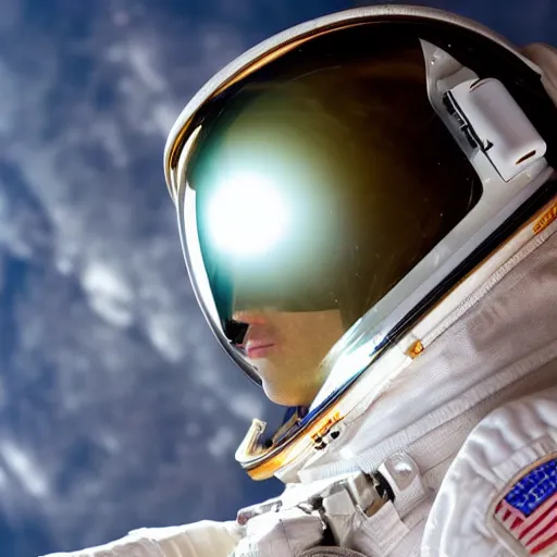 Prompt: a close up photo of an astronaut floating in space. his helmet visor is dark and reflective. you can see the reflection of the photographer in his helmet visor.