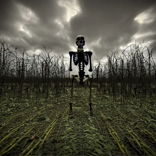 Prompt: a skeleton lies in a field as the weeds and kudzu grow through it by hr giger, symmetrical, detailed, intricate, photorealistic, light raytracing, depth, realistic textures, cinematic lighting