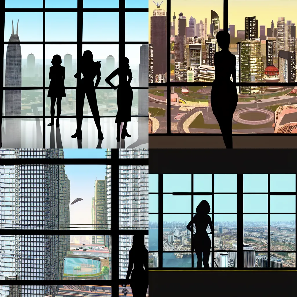 Prompt: View from window on megapolis, silhouette of women who watches to the window, style of GTA 5