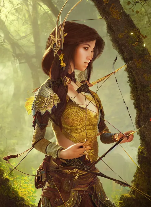 Image similar to Beautiful art portrait of a female fantasy archer at a temple surrounded by lush spring golden forest, atmospheric lighting, intricate detail, cgsociety, hyperrealistic, octane render, RPG portrait, ambient light, dynamic lighting