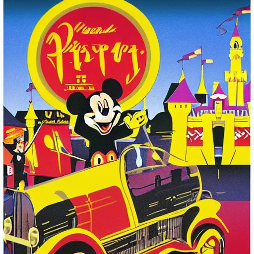 Image similar to Disneyland in the style of a 1930's soviet propganda poster, yellow, black, red, grainy, disneyland