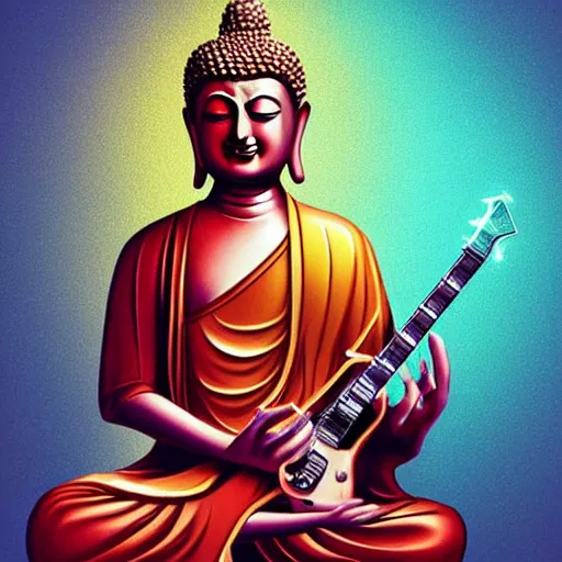 Image similar to Buddha playing electric guitar, digital art, artstation, award winning