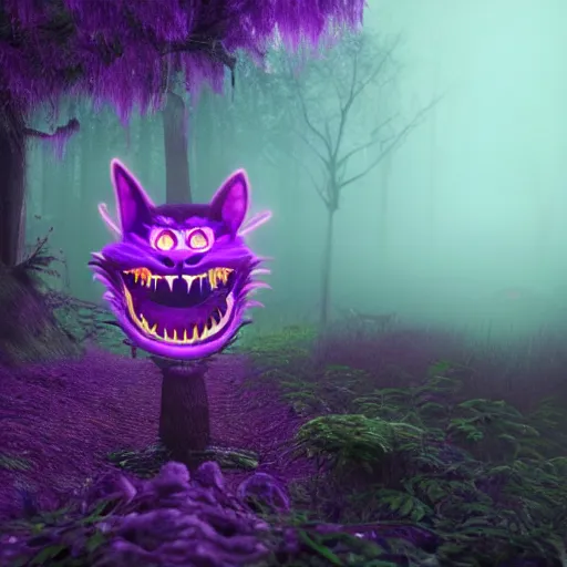 Image similar to demonic cheshire cat in a neon purple forest, horror, scary, realist, cryengine, hdr