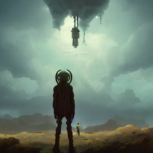 Image similar to a digital painting of a humanoid monster standing in the sky, concept art by simon stalenhag and peter mohrbacher cgsociety, vanitas, ominous, lovecraftian, speedpainting, apocalypse art. mist. hyper - realistic. photo realistic. octane render. detailed masterpiece. extreme wide shot.