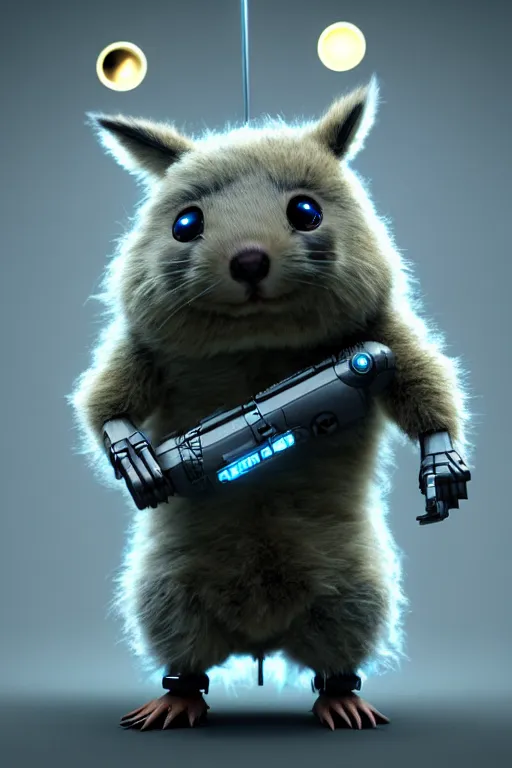 Prompt: high quality 3 d render sci - fi very cute fluffy! wombat!! cyborg soldier with futuristic mechanical parts, cyberpunk monocle!, highly detailed, unreal engine cinematic smooth, in the style of detective pikachu, hannah yata charlie immer, dark blue neon light, low angle, uhd 8 k, sharp focus