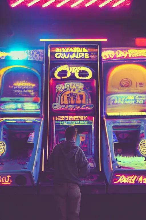 Prompt: agfa vista 4 0 0 photograph of a guy standing in front of an arcade machine, synth vibe, vaporwave colors, lens flare, moody lighting, moody vibe, telephoto, 9 0 s vibe, blurry background, grain, tranquil, calm, faded!,