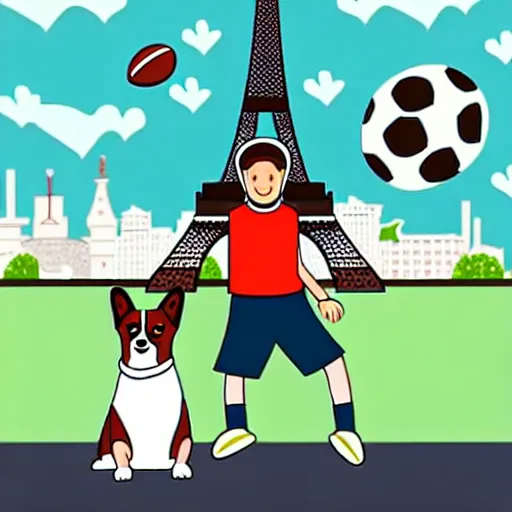Image similar to illustration of french boy playing football with a corgi wearing a polkadot scarf in front of the eiffel tower
