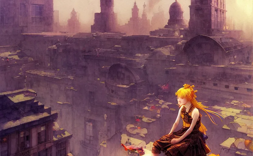 Prompt: the amazing floating neoclassical city, fantasy, steampunk, an school girl is sitting on the top of a roof. intricate, amazing composition, colorful watercolor, by ruan jia, by maxfield parrish, by marc simonetti, by hikari shimoda, by robert hubert, by zhang kechun, illustration, gloomy