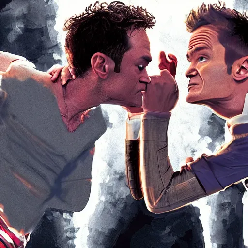 Image similar to Neil Patrick Harris fighting Josh Radnor, concept art, highly detailed, photo realistic