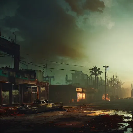 Image similar to fallout 4 : miami, ruined city environment, rusted vintage cars and trucks mysterious atmospheric lighting, matte painting, intricate, iridescent, volumetric lighting, beautiful, rich deep colours masterpiece, fog golden hour, golden ratio, sharp focus, ultra detailed, by leesha hannigan, ross tran, thierry doizon, kai carpenter, ignacio fernandez rios