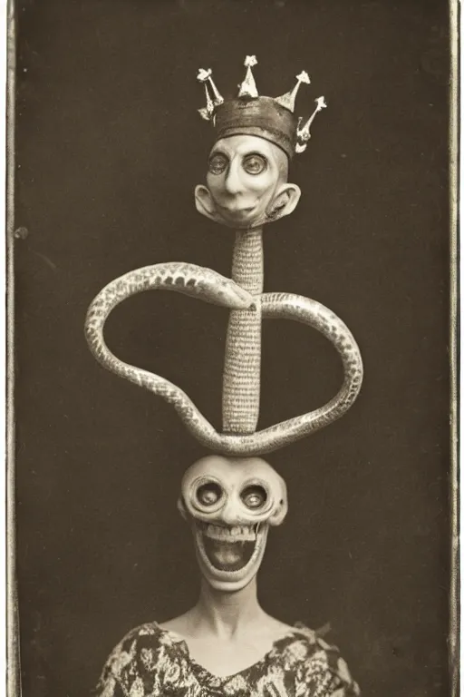Prompt: a wet plate photo of an anthropomorphic snake wearing a tiny jester crown