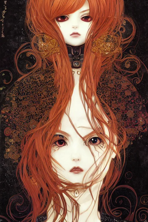 Prompt: portrait of beautiful young gothic anime maiden, cute-fine-face, pretty face, realistic shaded Perfect face, fine details. Anime, cyberpunk, Warhammer, highly detailed, artstation, illustration, art by Ilya Kuvshinov and Gustav Klimt and Gustav Klimt and Gustav Klimt and Gustav Klimt