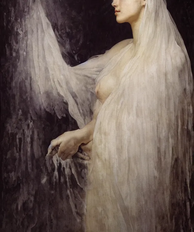 Image similar to Beautiful woman with closed eyes under the white veil wearing a white dress and covered with melted white candle wax by Ilya Repin, Mikhail Vrubel, William Blake, Michelangelo da Caravaggio, Rafaelle Monti and Beksinski, dramatic volumetric lighting, full body portrait, highly detailed oil painting, 4k, masterpiece