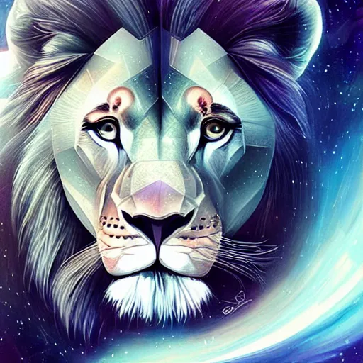 Image similar to geometric lion with galaxy eyes in space, nebula in the background, intricate, elegant, highly detailed, digital painting, artstation, concept art, smooth, sharp focus, illustration, art by artgerm