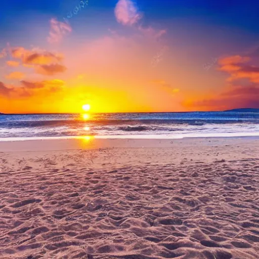 Image similar to A sandy beach, with the sound of waves crashing against the shore, and a beautiful sunset, in a relaxing and peaceful style.