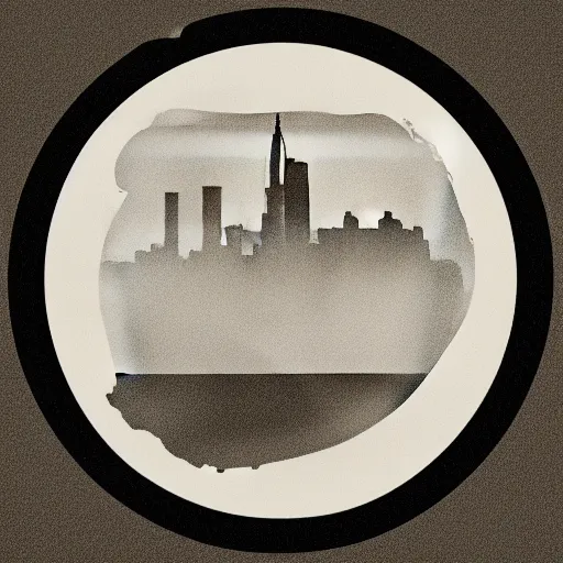 Image similar to a perfect circle, the outer edge of the circle is hugged by the silhouette of a city skyline, black and white, minimalist, in the style of a line drawing