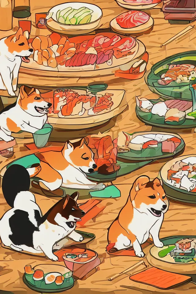 Prompt: a portrait of a shiba inu dog eating sushi in a sushi carousel restaurant, in the art style of studio ghibli, artistic, colorful palette, highly detailed