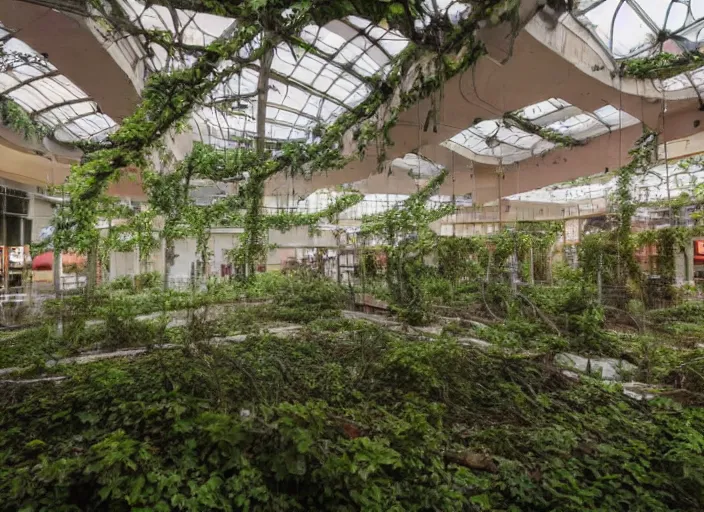 Image similar to a restaurant in an abandoned mall in the 1 9 8 0 s, taken over by nature, covered in vines