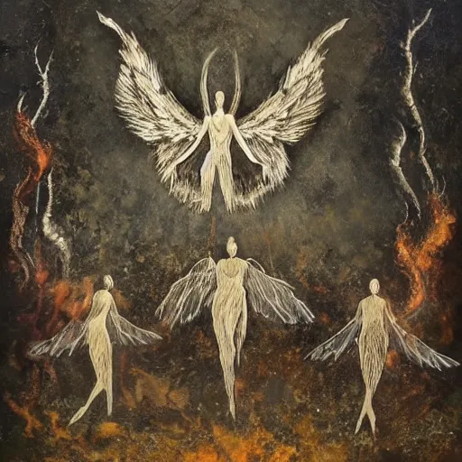 Image similar to A beautiful mixed media art of a winged creature, possibly an angel, flying high above a group of people in a dark, wooded area. The creature's wings are spread wide and its head is turned upwards, as if it is looking towards the sky. The people below are looking up at the creature with a mixture of awe and fear. fire by Atelier Olschinsky subtle, jaunty