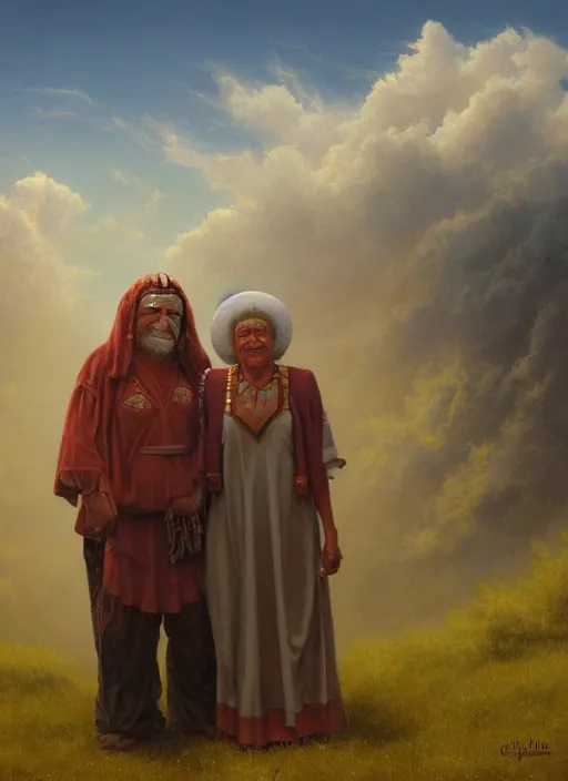 Image similar to portrait of an indigenous grandfather and grandmother in the clouds, smiling, protection, benevolence, ancestors, art by christophe vacher