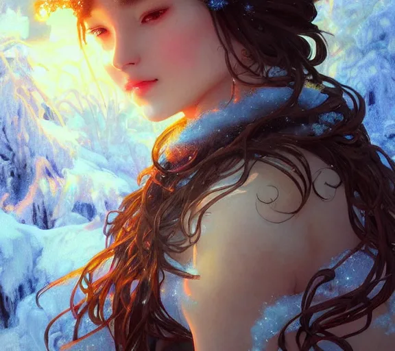 Image similar to beautiful ancient frost witch, fire in eye, snow glow!!, pool party, highly detailed, digital painting, artstation, sharp focus, illustration, art by tan zi and ayanamikodon and alphonse mucha and wlop