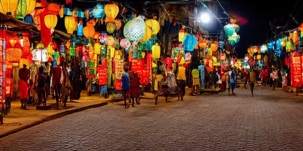 Prompt: african - asian walking street at night. savannah. there are glowing lanterns. street view