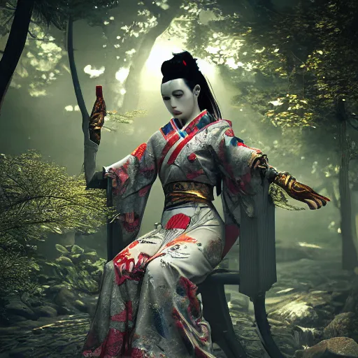 Prompt: cyberpunk geisha in japanese forest, epic, ultra detail, ultra realistic, photorealistic, 4k, god rays, highly detailed, full body, ornate, cinematic lighting, trending on artstation, hyperrealistic, focused, high details, unreal engine 5, cinematic