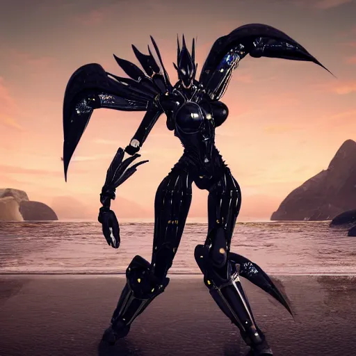 Image similar to looking up at a highly detailed 300 foot tall giant exquisite beautiful female warframe, as an anthropomorphic robot dragon, posing elegantly over your tiny form, camera on the ground, at the beach on a sunset, sleek streamlined design, streamlined matte black armor, sharp detailed claws, detailed sharp robot dragon feet, giantess shot, upward shot, ground view shot, front shot, cinematic shot, high quality warframe fanart, captura, realistic, professional digital art, high end digital art, furry art, giantess art, anthro art, DeviantArt, artstation, Furaffinity, 8k HD render, epic lighting