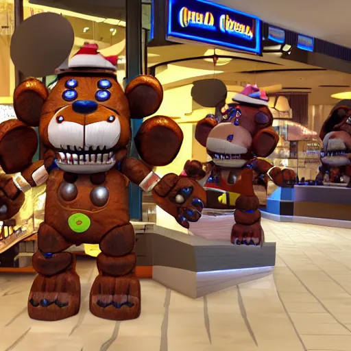 Prompt: Freddy Fazbear in a mall holding multiple bags, photorealistic, low-angle, 3D, 8K, as coherent as Dall-E 2