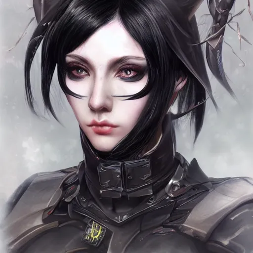 Image similar to portrait of a female dark elf witch by ayami kojima, she is about 2 0 years old, american, black hair, introvert, she is wearing a modern tactical gear, scifi, highly detailed portrait, digital painting, artstation, concept art, smooth, sharp foccus ilustration, artstation hq