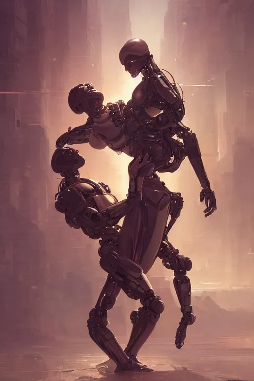 Image similar to Ultra realistic illustration,robot carries a woman in his arms, cyberpunk, sci-fi, fantasy, intricate, elegant, highly detailed, digital painting, artstation, concept art, smooth, sharp focus, illustration, art by artgerm and greg rutkowski and alphonse mucha