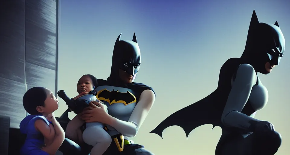 Image similar to “ a very very very very very beautiful realistic still of a stunningly beautiful melanated woman holding a newly born cyborg baby dressed as batman, devouring crayola crayons, by makoto shinkai, syd meade, starwars, space art concept, sci - fi, digital art, unreal engine, wlop, trending on artstation, 8 k uhd image, octane render ”