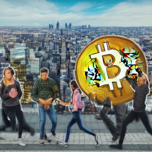 Image similar to landscape of people running away scared from crypto logos standing in the city, cointelegraph design, hyperdetailed, hdr, 8 k