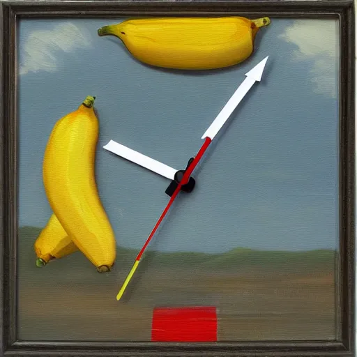 Image similar to oil painting impressionist stopwatch clock and banana arrow flying through the air, ( bugs flies buzzing around ), whimsical, detailed,